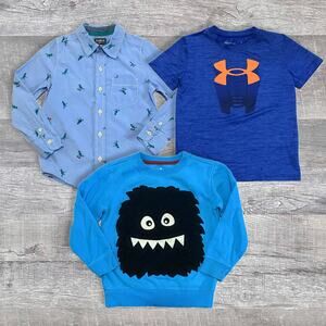 Blue Shirt Bundle Lot (3) Boys 6 Sweatshirt Button Up Dino Athletic T-Shirt